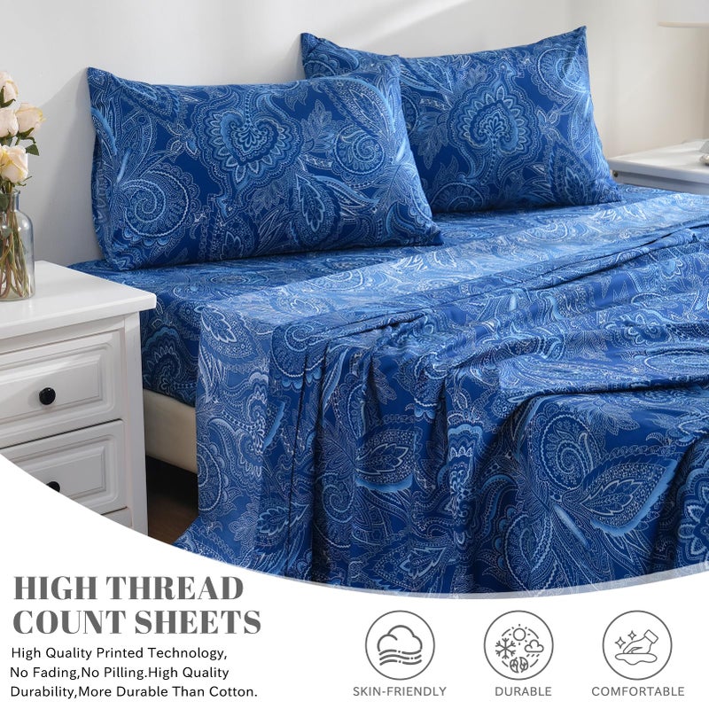 Bedlifes King Sheet Set Ultra Soft, Breathable, Silky Flower Deep Pocket 100% Microfiber Bedding, 4 Piece King Size Paisley Dark Navy Blue - Image 3